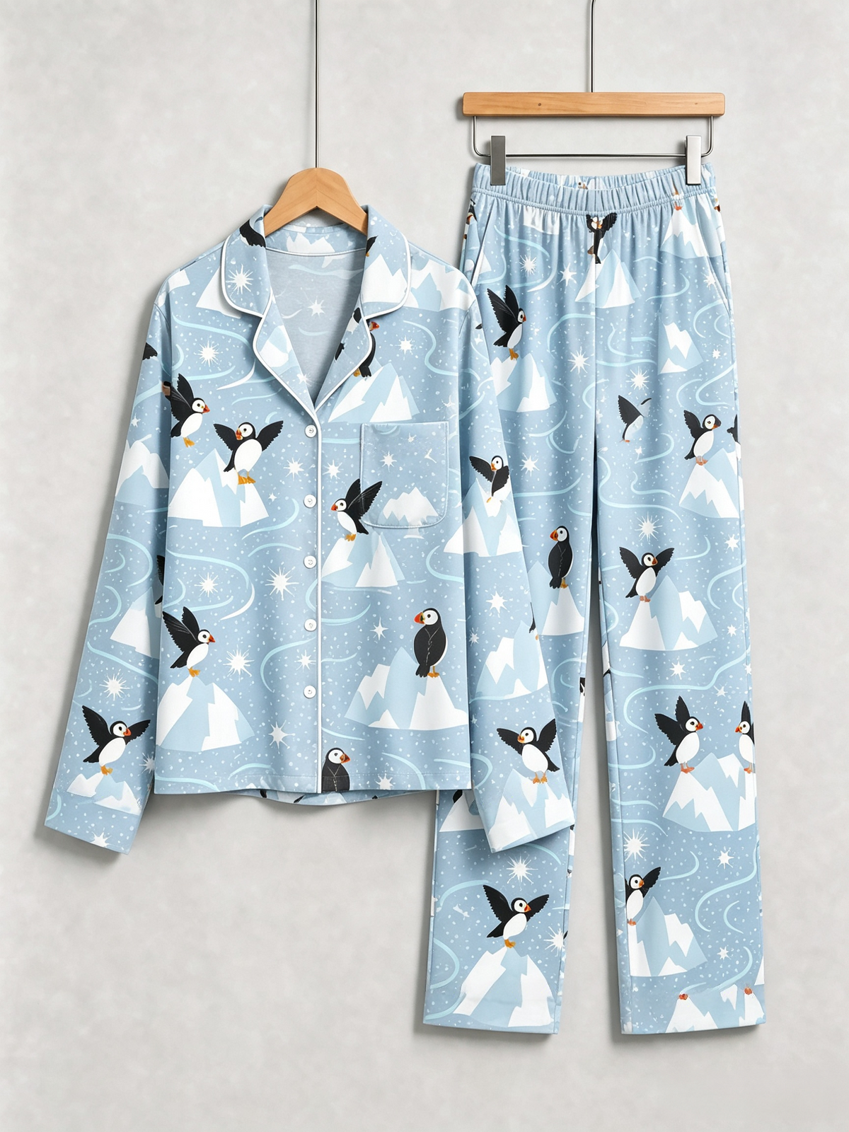 Arctic Puffins & Snowy Mountains Ice Blue Women Christmas Pajamas