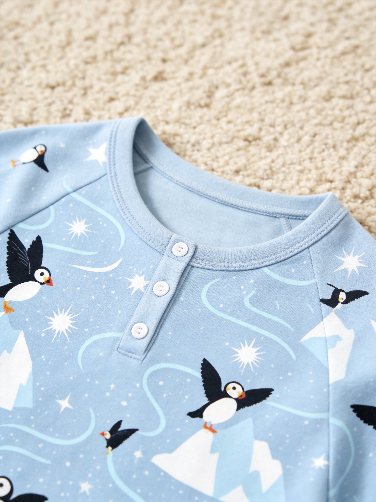 Charming Arctic Puffers & Icebergs Two-Piece Henley Neck Couple PJs