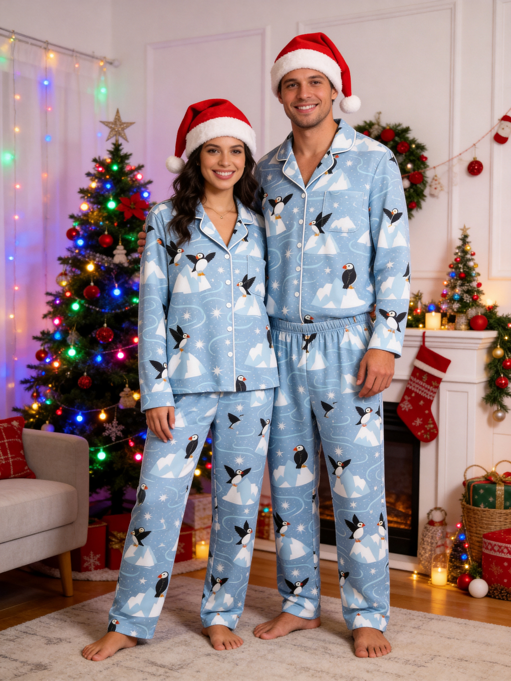Arctic Puffins & Snowy Mountains Ice Blue Women Christmas Pajamas