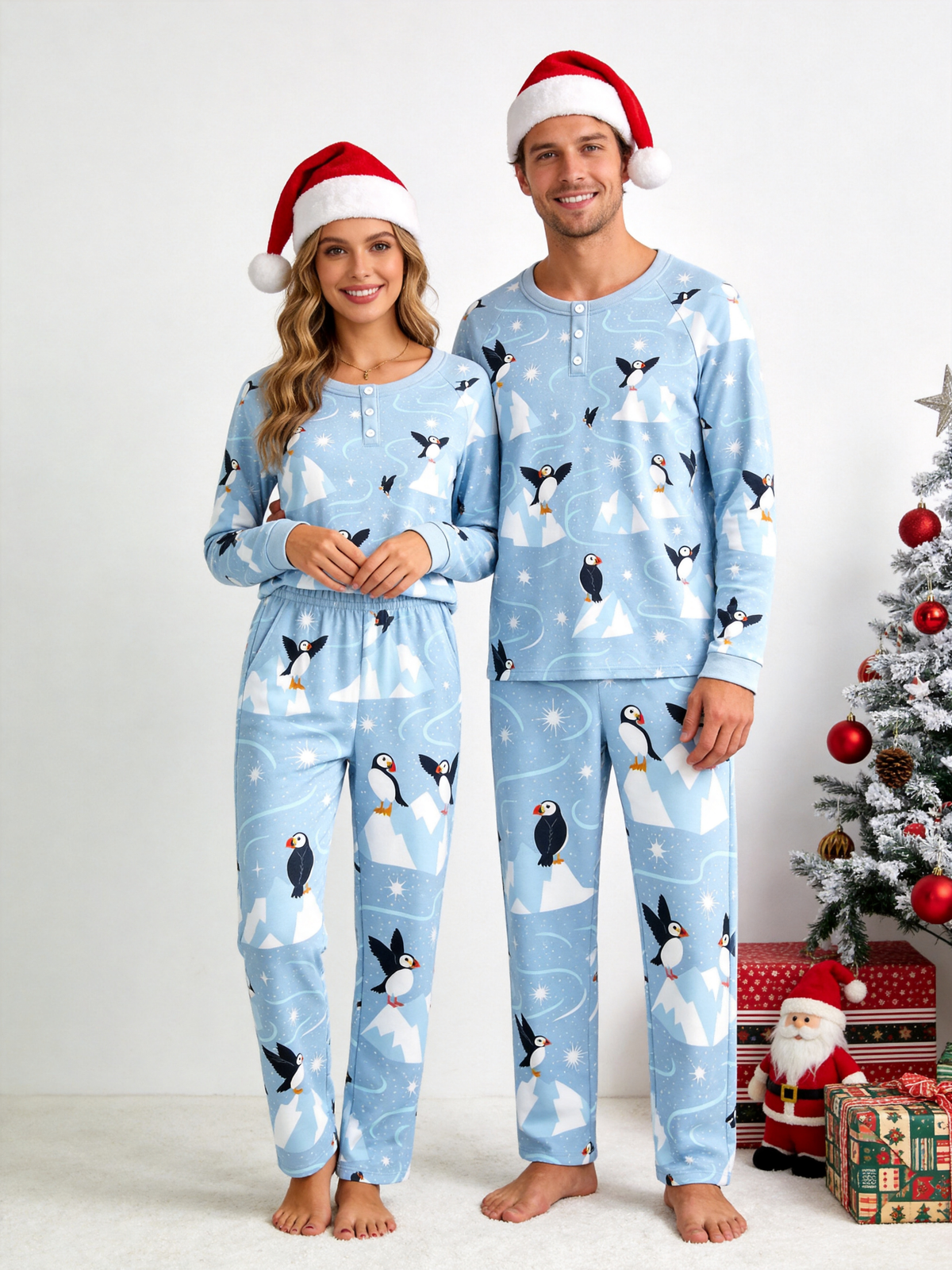 Charming Arctic Puffers & Icebergs Two-Piece Henley Neck Couple PJs