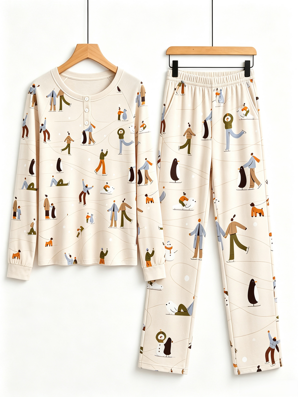 Cozy Winter Ice Skating & Penguins Two-Piece Henley Neck Matching Family Christmas Pajamas