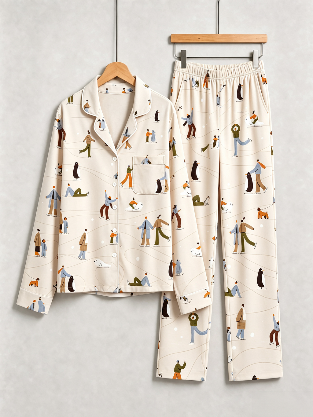 Cozy Winter Skating Print Women Christmas Pajamas Set