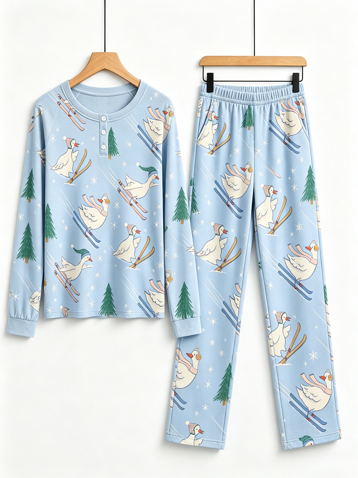 Festive Skiing Geese Print Two-Piece Henley Neck Holiday Couple Pajama Set