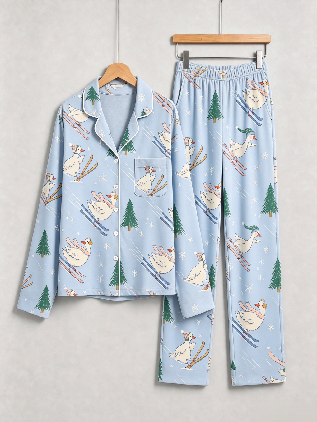 Festive Skiing Geese Print Holiday Family Pajama Set