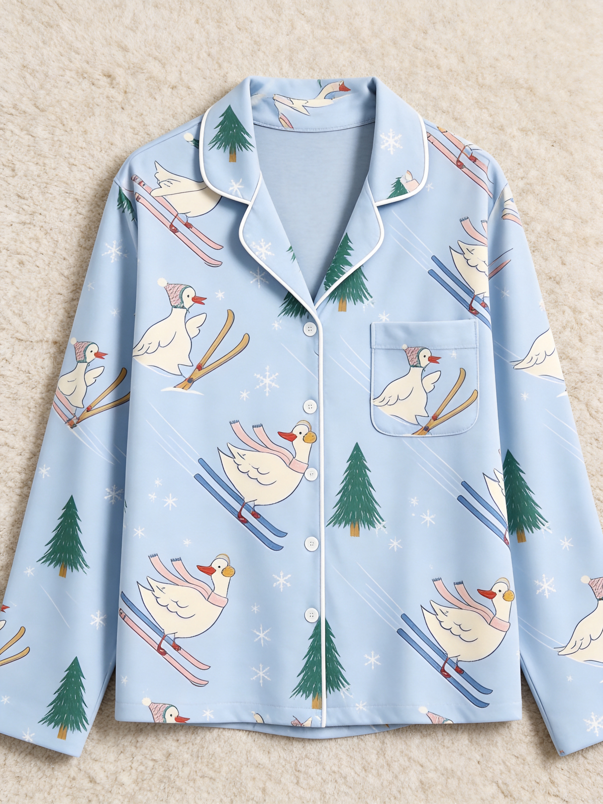 Festive Skiing Geese Print Holiday Family Pajama Set