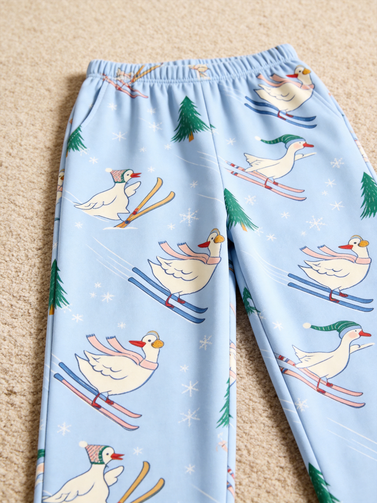 Festive Skiing Geese Print Two-Piece Henley Neck Holiday Couple Pajama Set