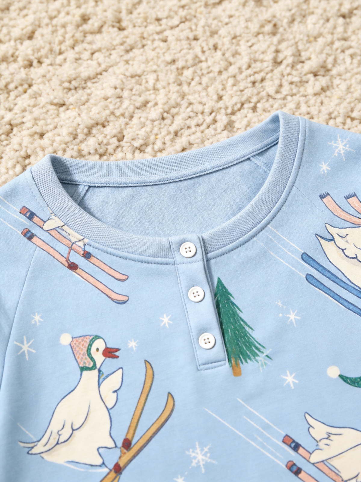 Festive Skiing Geese Print Two-Piece Henley Neck Holiday Couple Pajama Set