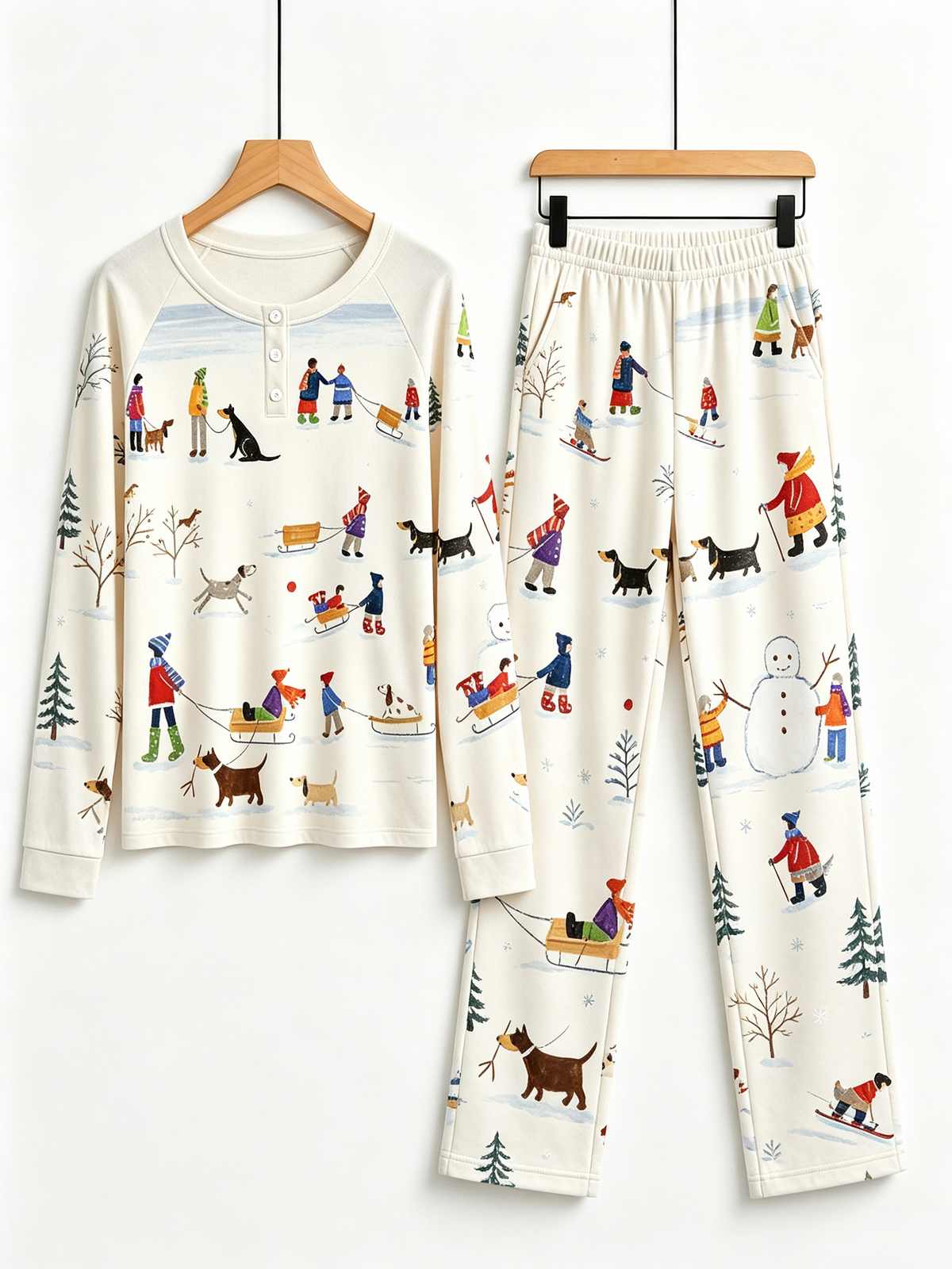 Hand-Drawn Winter Snowman & Dogs Two-Piece Henley Neck Holiday Couple Pajamas
