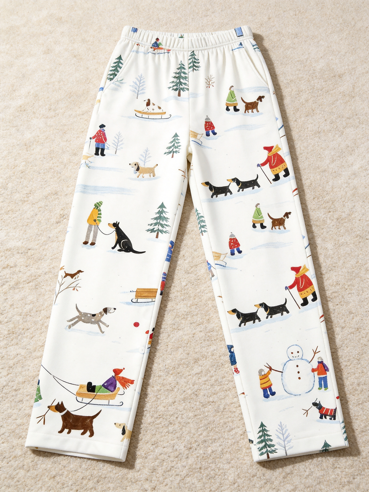 Hand-Drawn Winter Snowman & Dogs Two-Piece Henley Neck Holiday Couple Pajamas