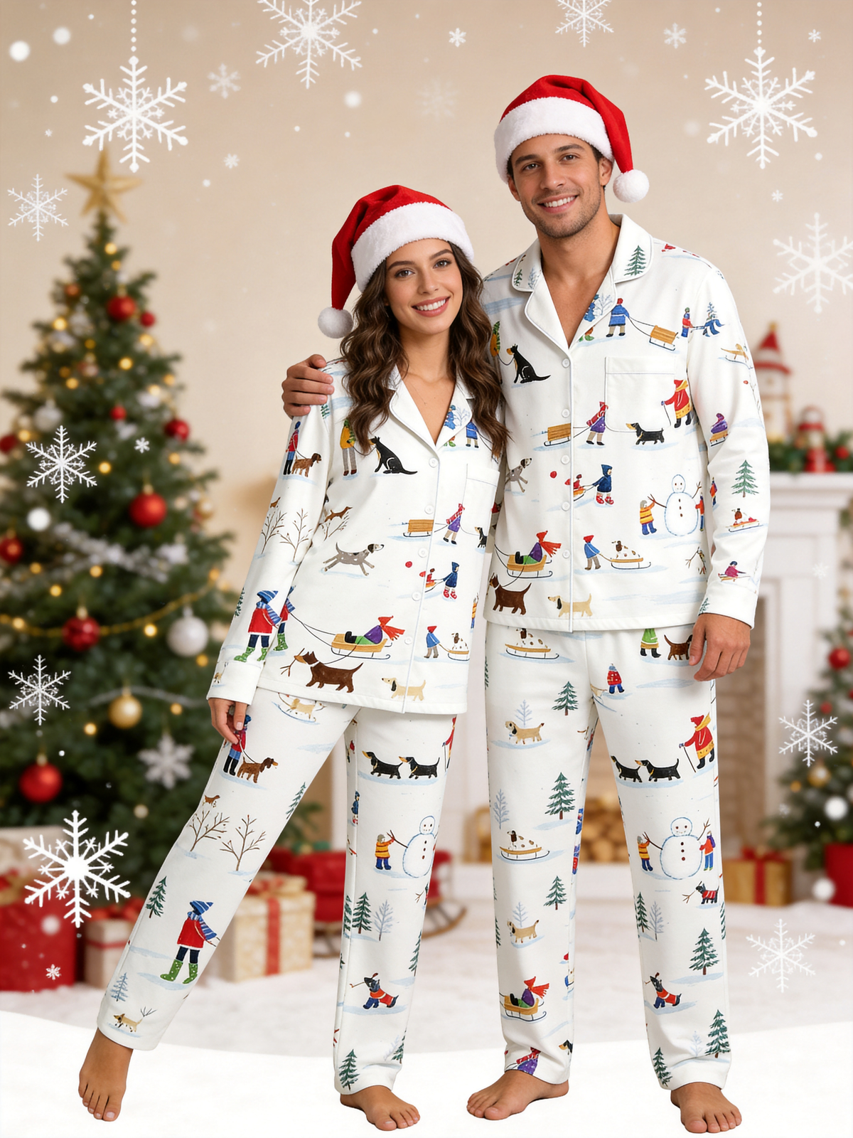 Hand-Drawn Winter Snowman & Dogs Holiday Women Christmas Pajamas