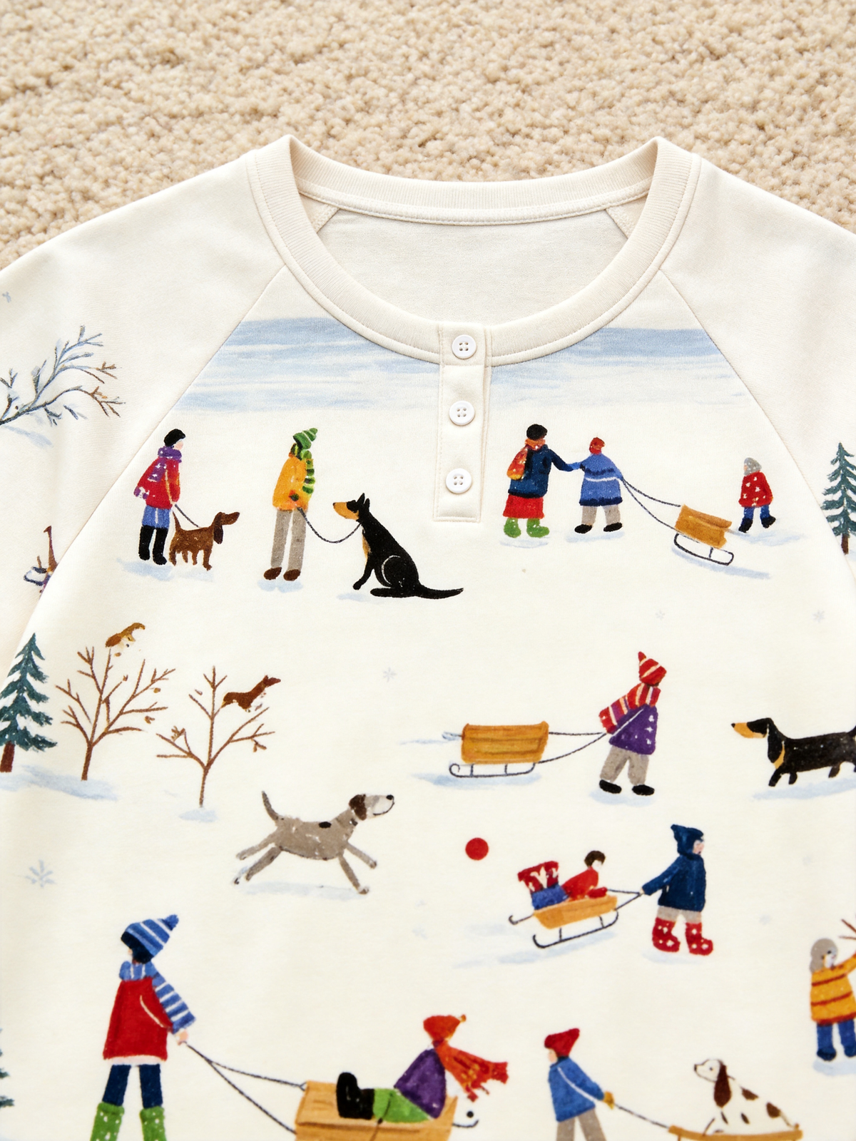 Hand-Drawn Winter Snowman & Dogs Two-Piece Henley Neck Holiday Couple Pajamas