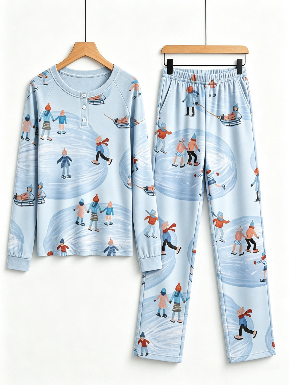 Whimsical Ice Skating Print Two-Piece Henley Neck Couple Matching PJs