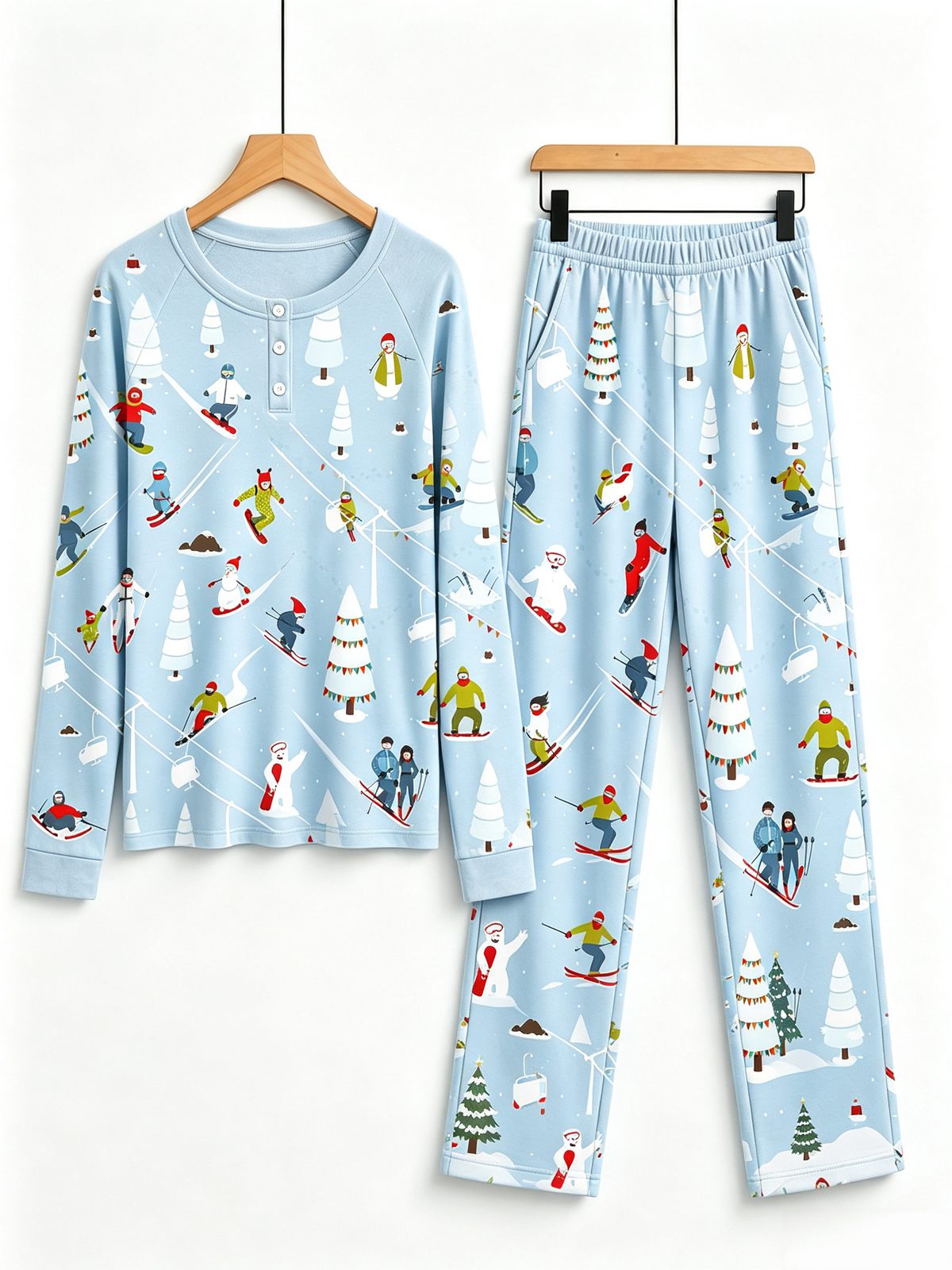 Playful Skiing Snowman & Trees Two-Piece Henley Neck Christmas Holiday Couple Sleepwear