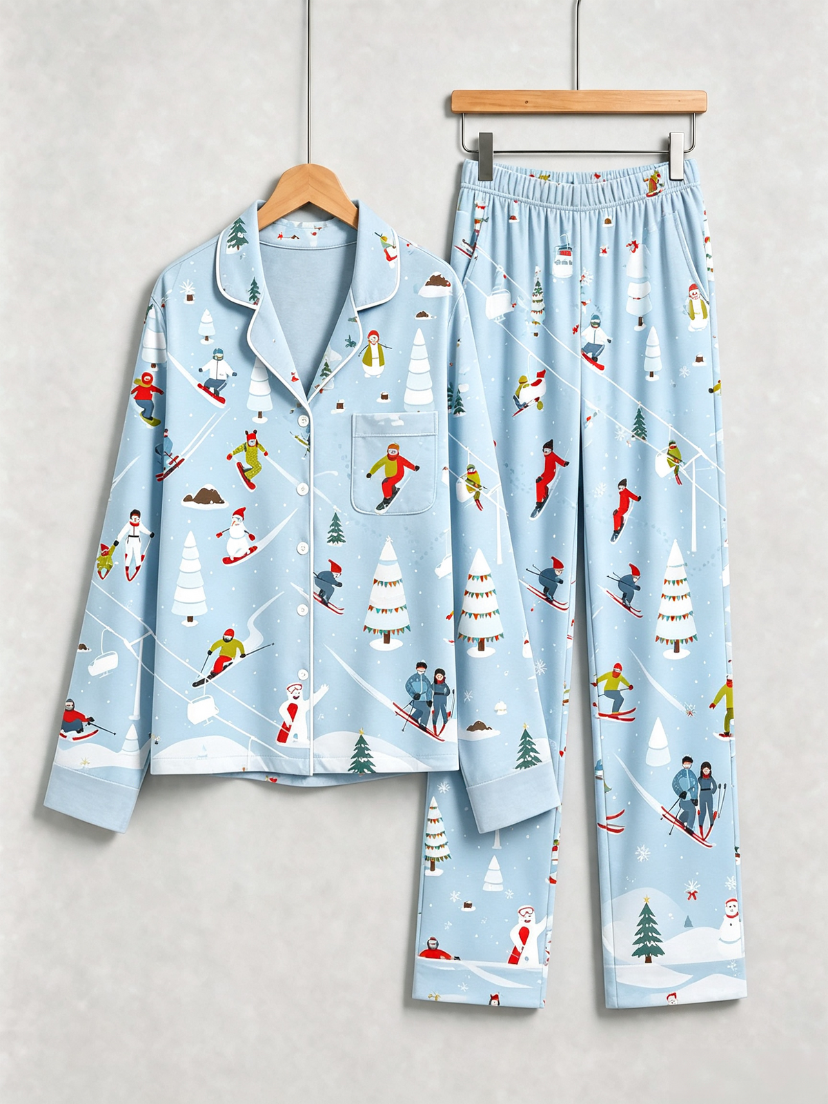 Playful Skiing Snowman & Trees Christmas Holiday Sleepwear