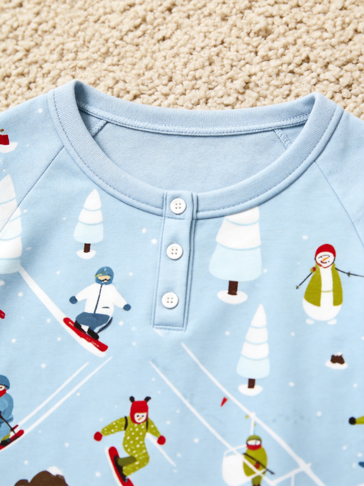 Playful Skiing Snowman & Trees Two-Piece Henley Neck Christmas Holiday Couple Sleepwear