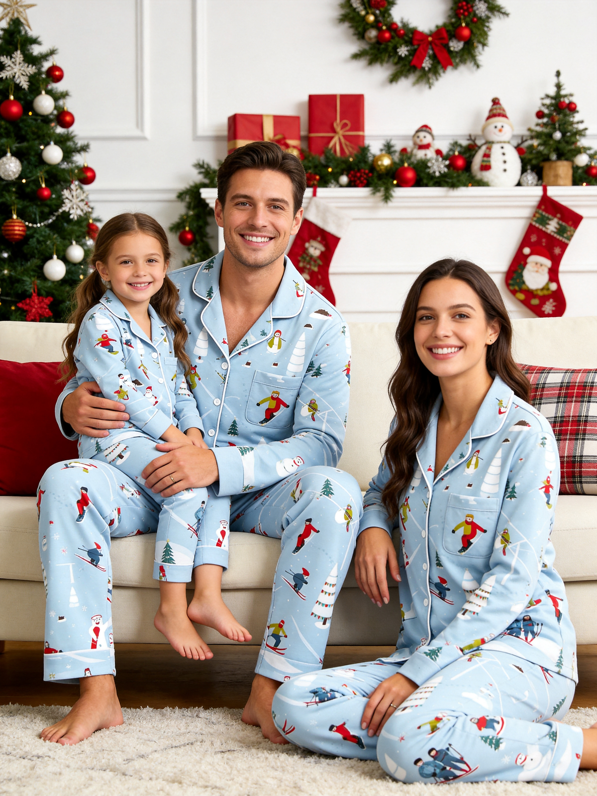 Playful Skiing Snowman & Trees Christmas Holiday Sleepwear