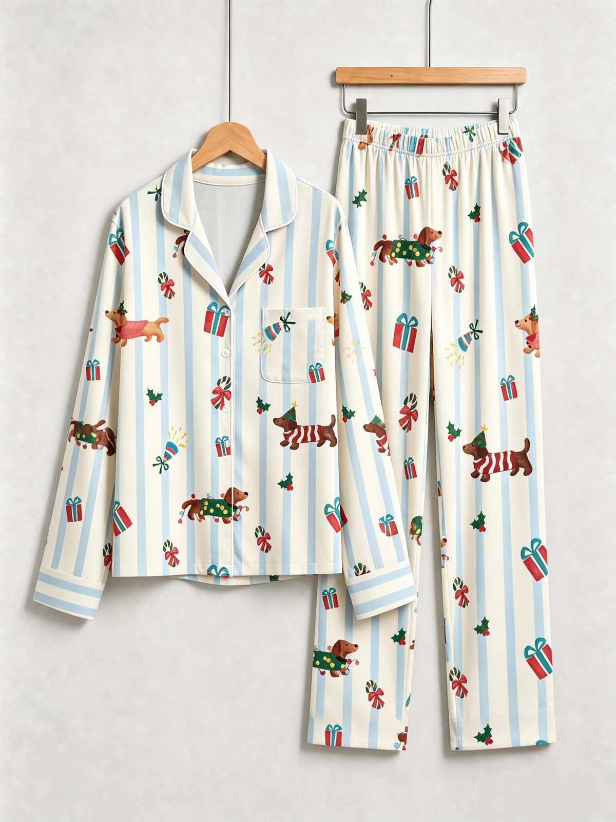 Chic Striped Dachshunds with Gifts Christmas Women Pajama Set