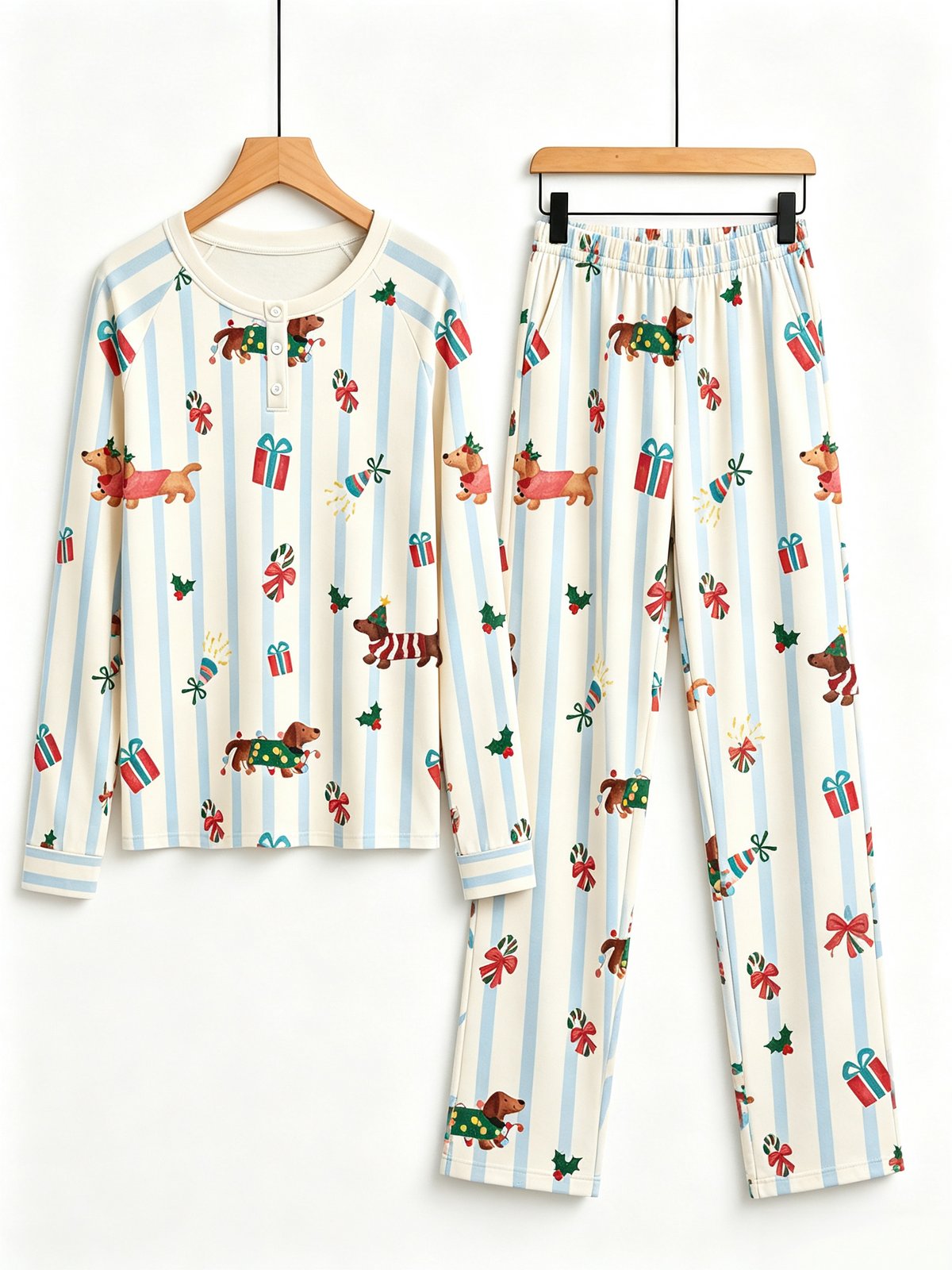 Chic Striped Dachshunds with Gifts Two-Piece Henley Neck Christmas Couple Pajama Set