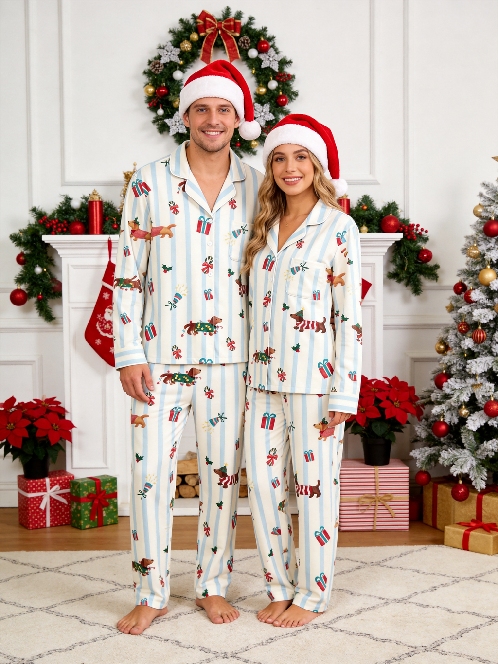 Chic Striped Dachshunds with Gifts Christmas Women Pajama Set