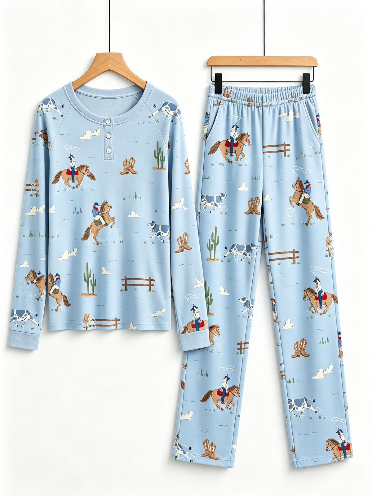 Retro Western Cowboy & Cactus Themed Two-Piece Henley Neck Couple Pajamas