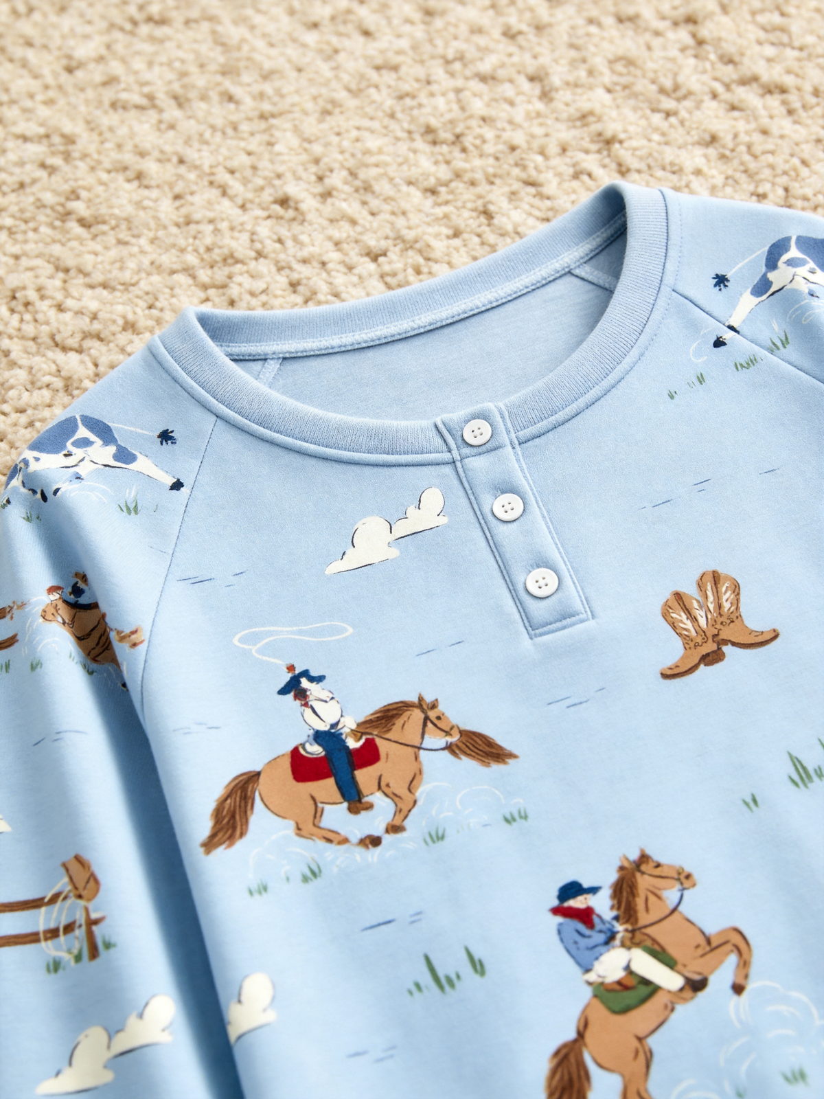 Retro Western Cowboy & Cactus Themed Two-Piece Henley Neck Couple Pajamas