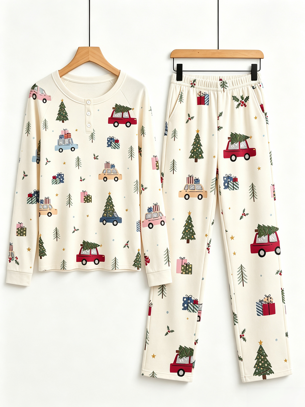 Festive Christmas Trees & Cars Print Two-Piece Henley Neck Matching Couple Christmas Pajamas