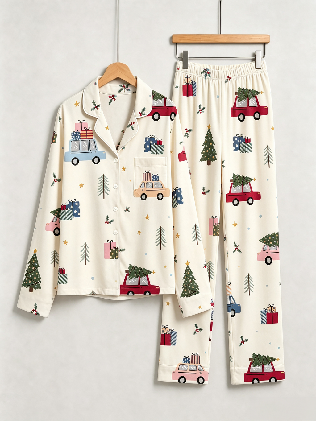 Cute Christmas Car & Tree Print Women Christmas Pajamas