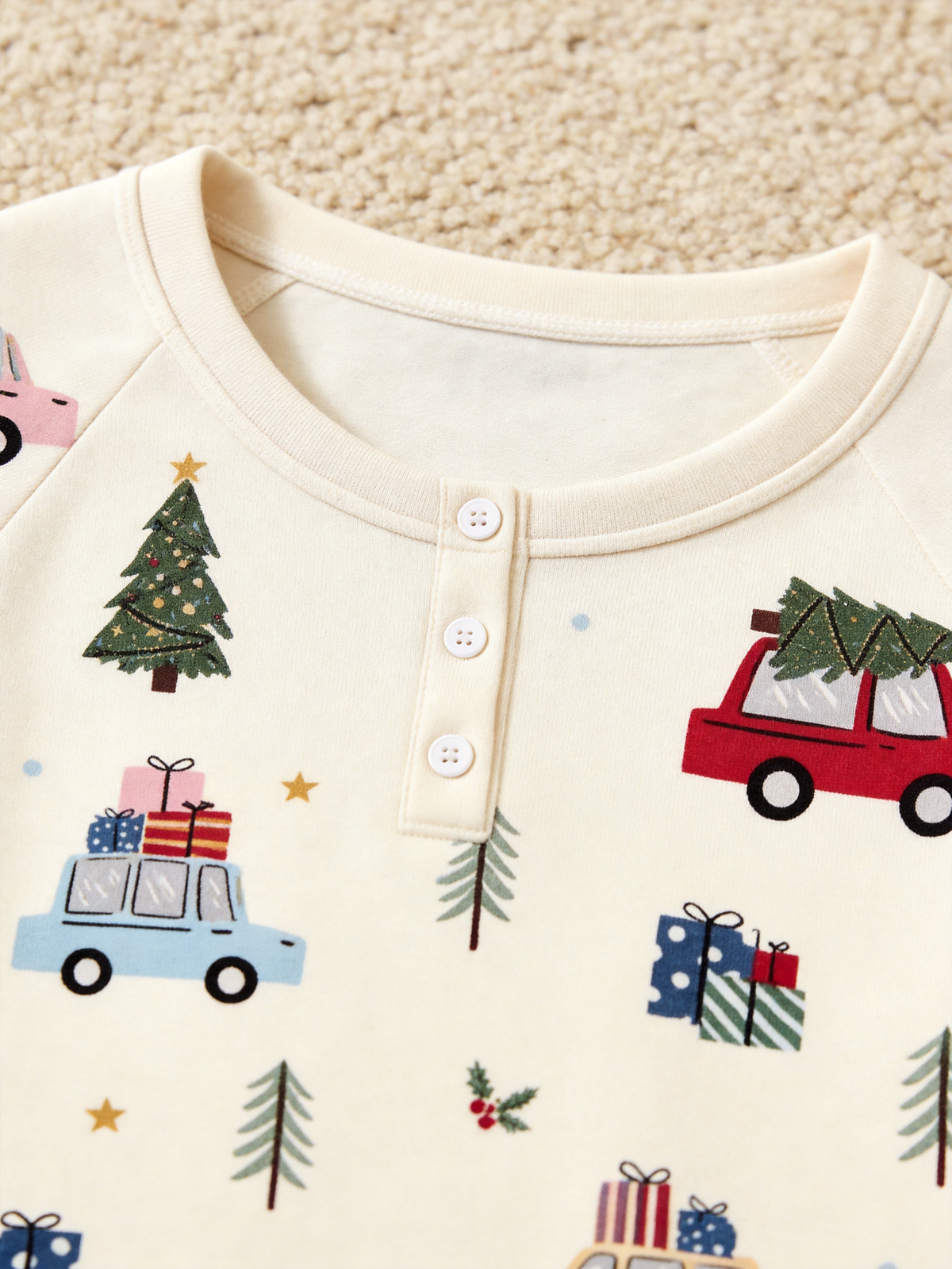 Festive Christmas Trees & Cars Print Two-Piece Henley Neck Matching Couple Christmas Pajamas