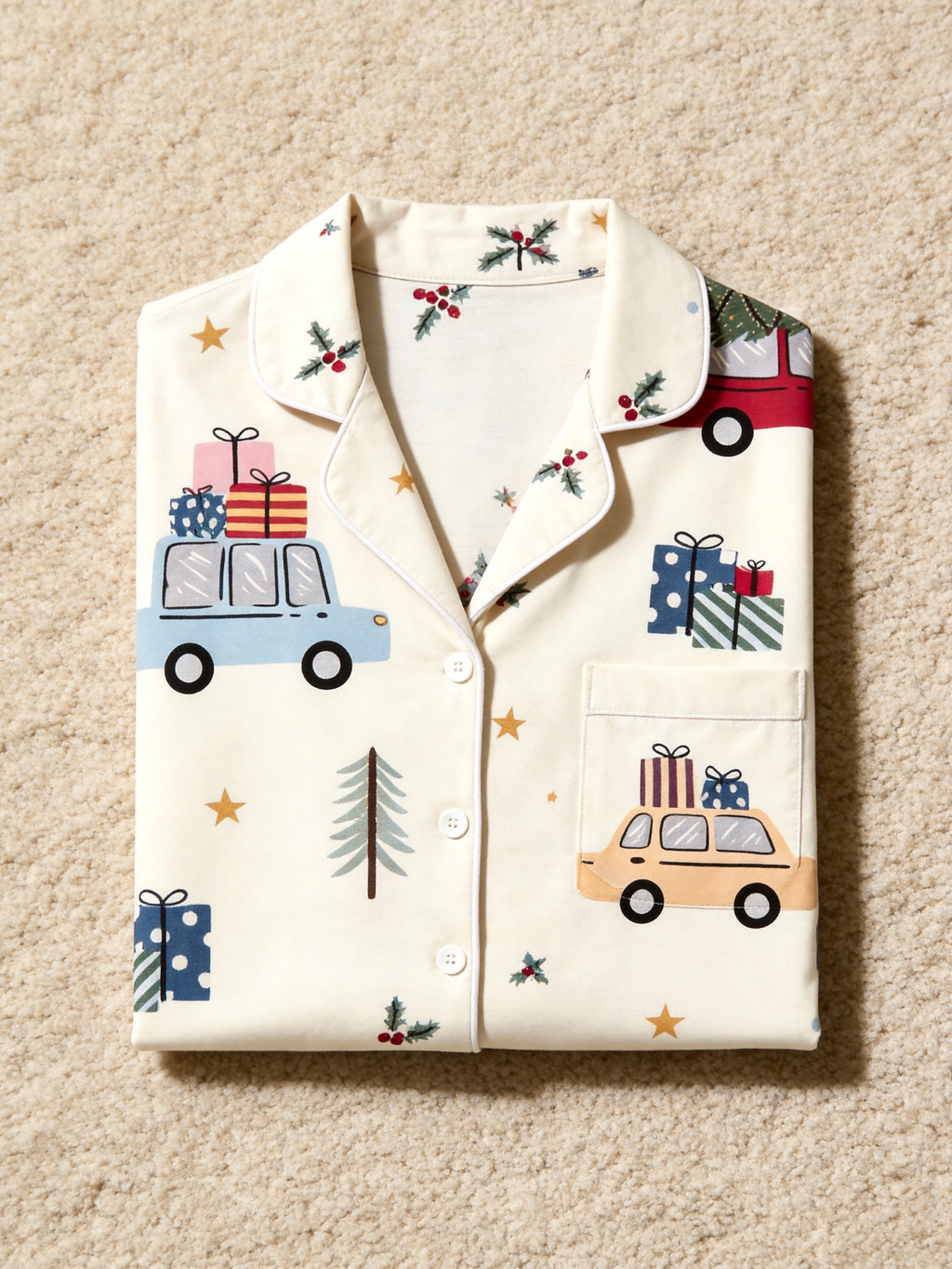 Cute Christmas Car & Tree Print Women Christmas Pajamas