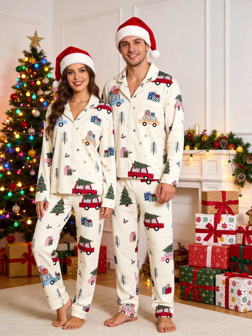 Cute Christmas Car & Tree Print Women Christmas Pajamas