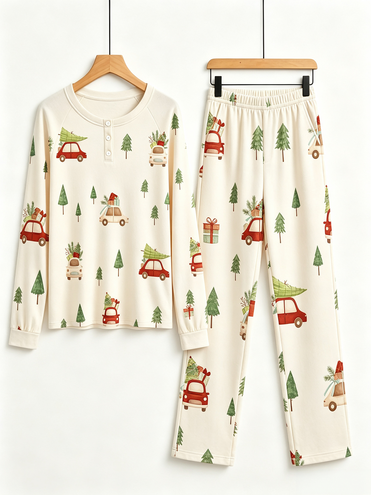 Charming Red Car with Christmas Tree Two-Piece Henley Neck Holiday Couple PJs