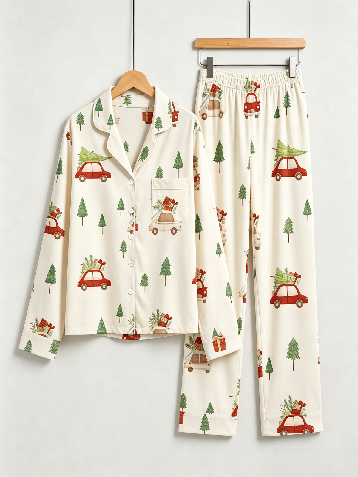 Charming Red Car with Christmas Tree Holiday Women PJs