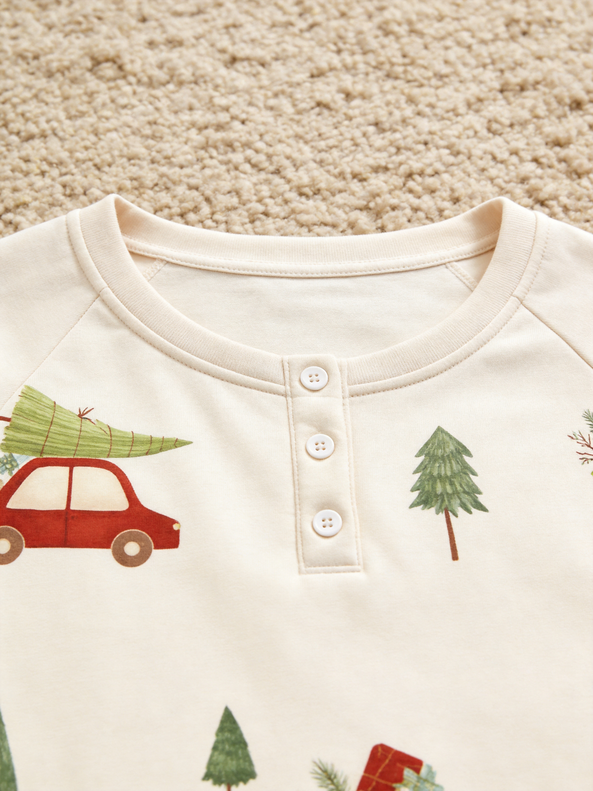 Charming Red Car with Christmas Tree Two-Piece Henley Neck Holiday Couple PJs