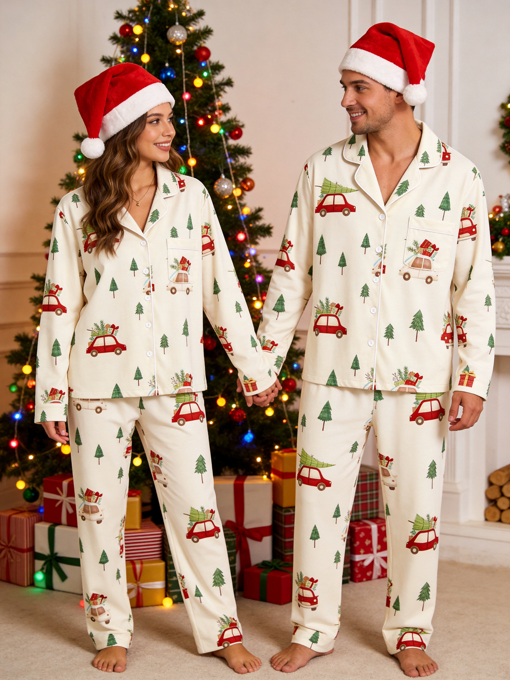 Charming Red Car with Christmas Tree Holiday Women PJs