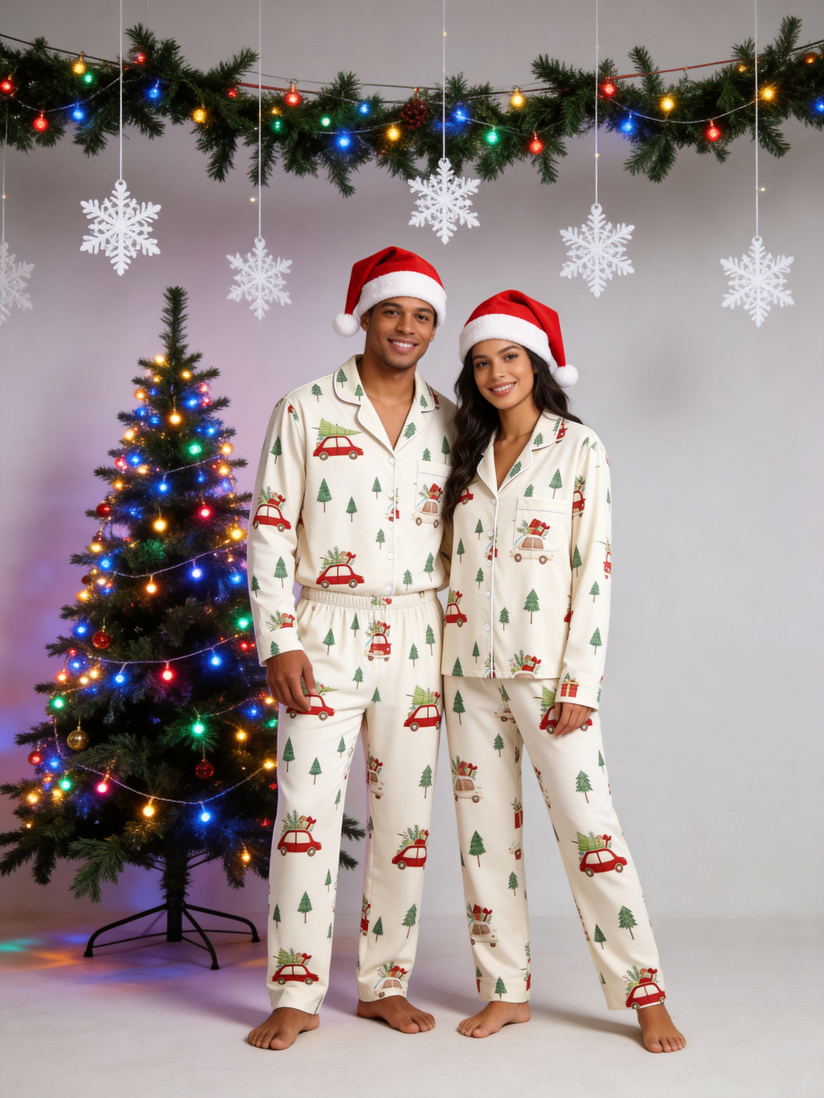 Charming Red Car with Christmas Tree Holiday Women PJs