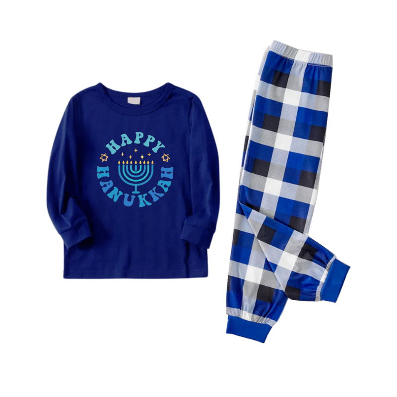 Family Happy Hanukkah Blue&White Plaid Matching Pajamas