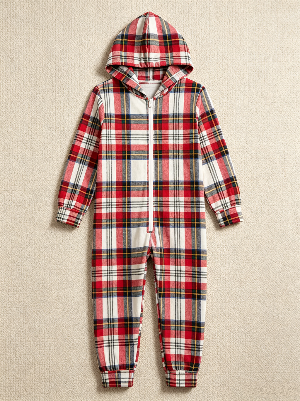 Classic Red & White Tartan Plaid Christmas Women Hooded Onesie - Zip-Up Loungewear