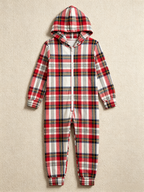 Classic Red & White Tartan Plaid Christmas Women Hooded Onesie - Zip-Up Loungewear