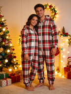 Classic Red & White Tartan Plaid Christmas Women Hooded Onesie - Zip-Up Loungewear