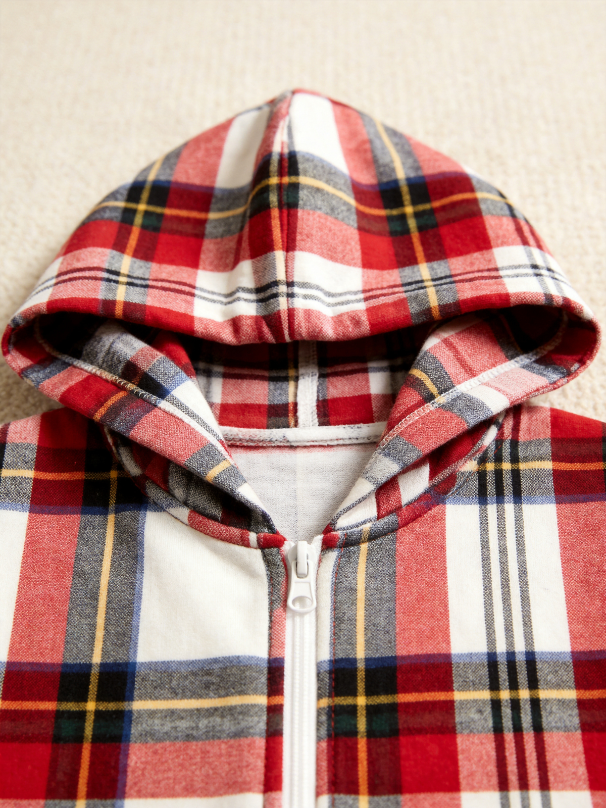 Classic Red & White Tartan Plaid Christmas Women Hooded Onesie - Zip-Up Loungewear