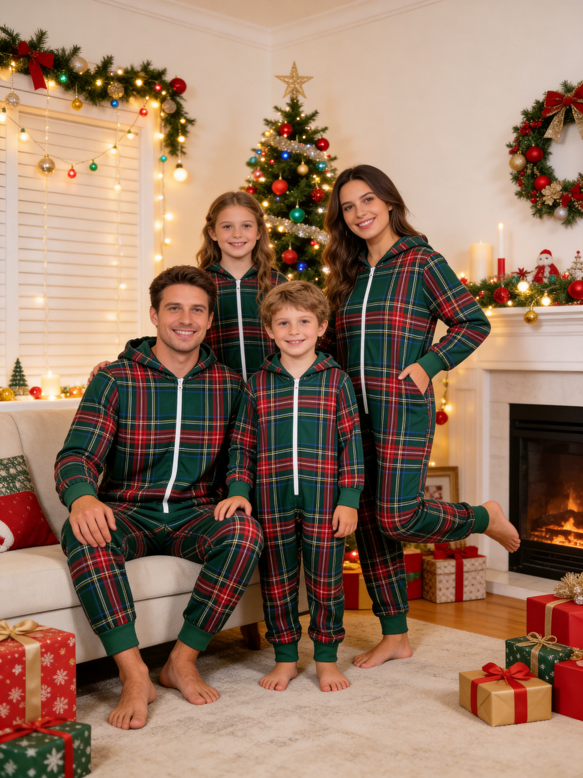 Forest Green Tartan Plaid Christmas Family Hooded Onesie - Zip-Up Loungewear