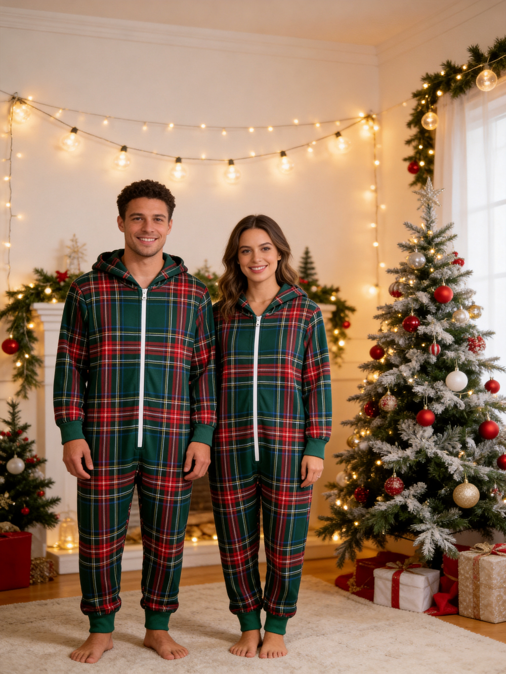 Forest Green Tartan Plaid Christmas Family Hooded Onesie - Zip-Up Loungewear