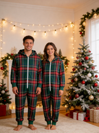 Forest Green Tartan Plaid Christmas Women Hooded Onesie - Zip-Up Loungewear