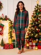 Forest Green Tartan Plaid Christmas Women Hooded Onesie - Zip-Up Loungewear