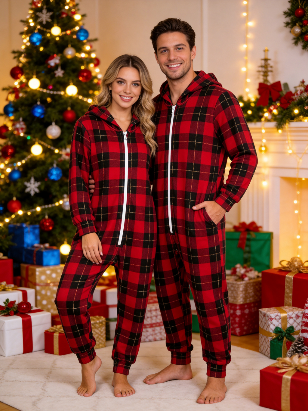 Bold Red & Black Buffalo Check Christmas Women Hooded Onesie - Zip-Up Loungewear