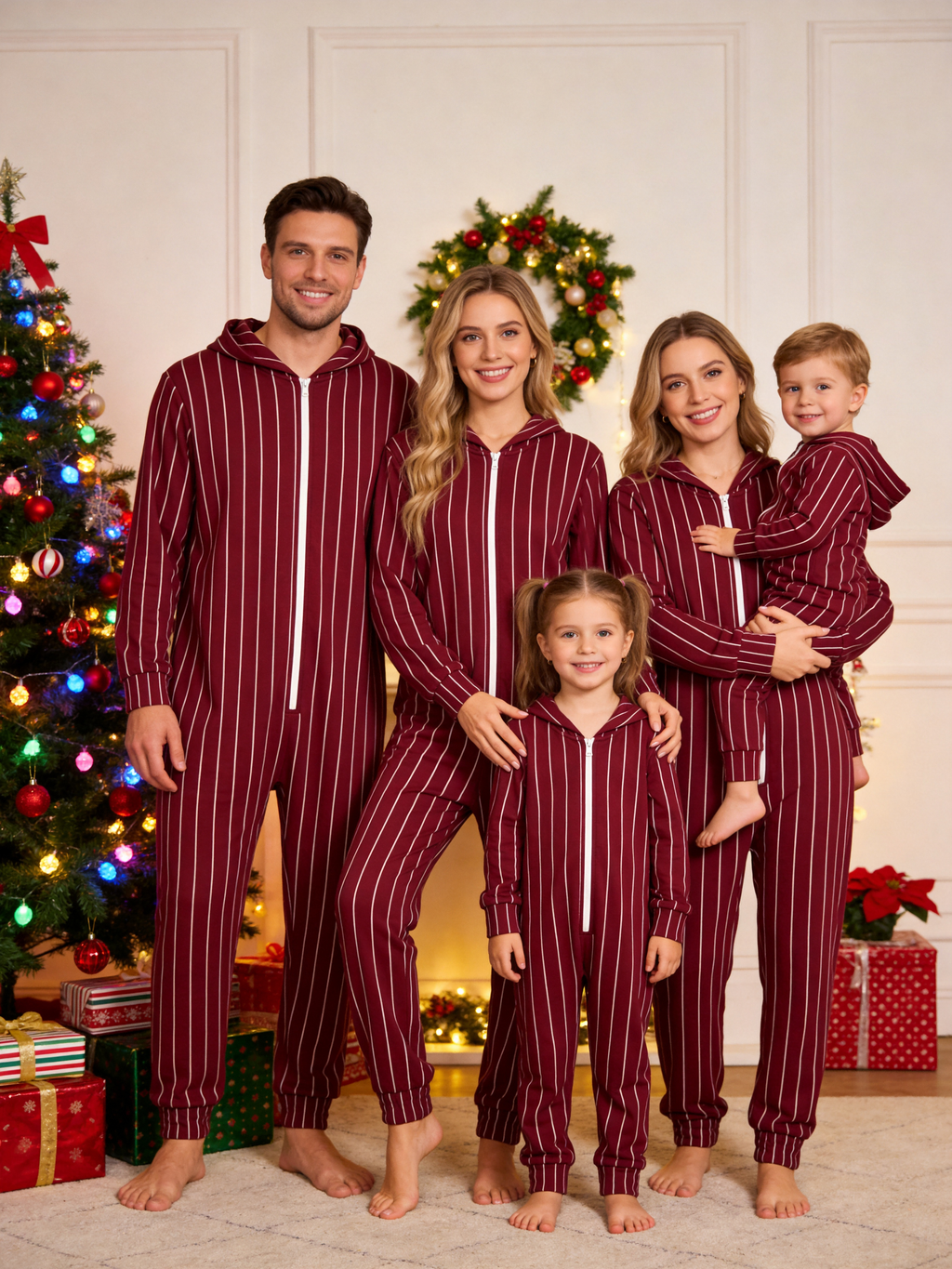 Burgundy & White Pinstripe Red Christmas Family Hooded Onesie - Zip-Up Loungewear
