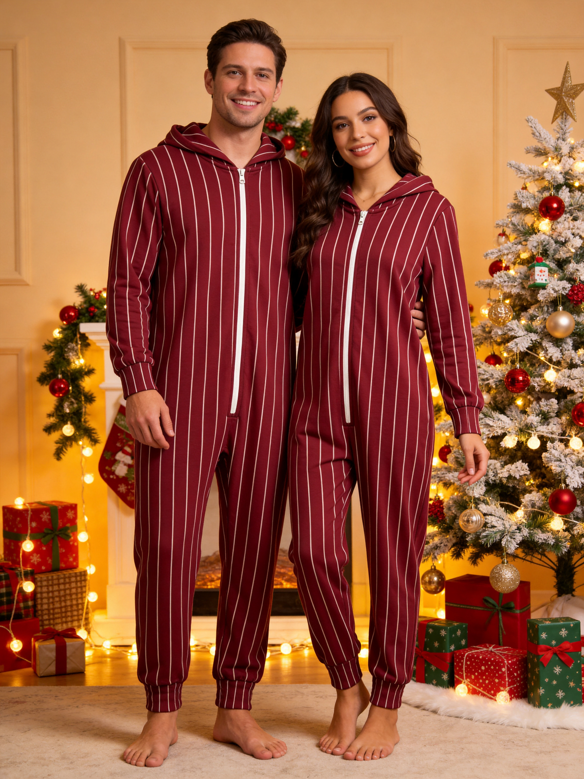 Burgundy & White Pinstripe Red Christmas Family Hooded Onesie - Zip-Up Loungewear