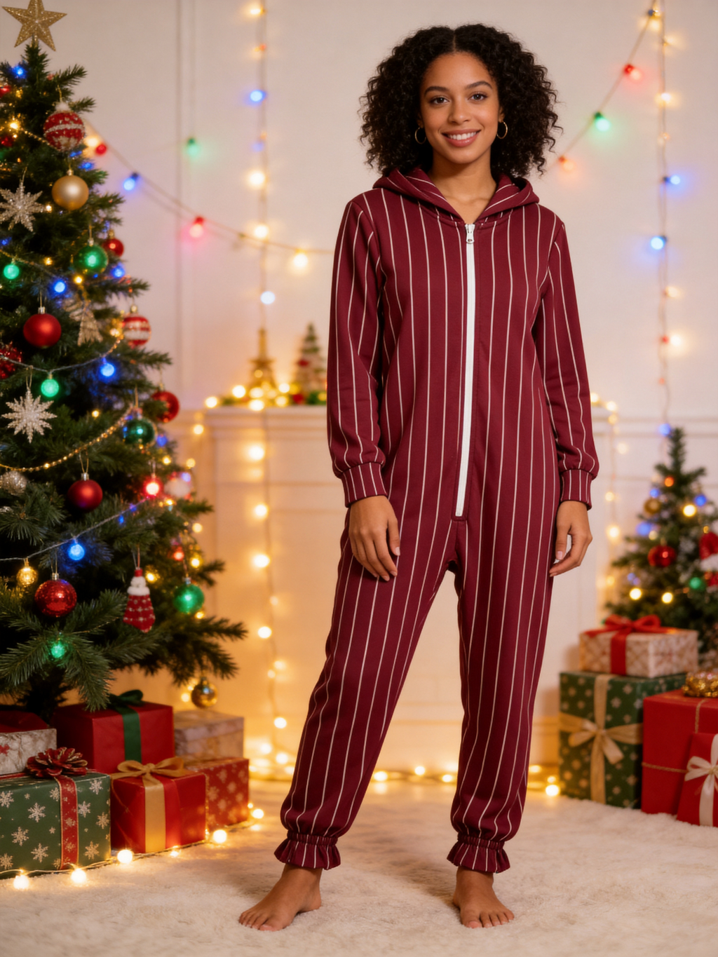 Burgundy & White Pinstripe Red Christmas Women Hooded Onesie - Zip-Up Loungewear