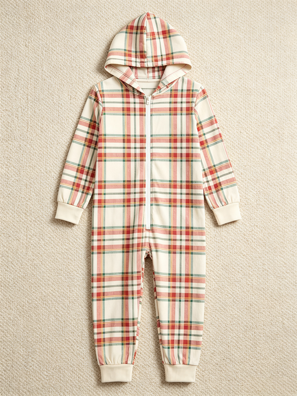 Cream, Red & Green Holiday Tartan Christmas Family Hooded Onesie - Zip-Up Loungewear