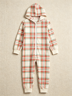 Cream, Red & Green Holiday Tartan Christmas Family Hooded Onesie - Zip-Up Loungewear